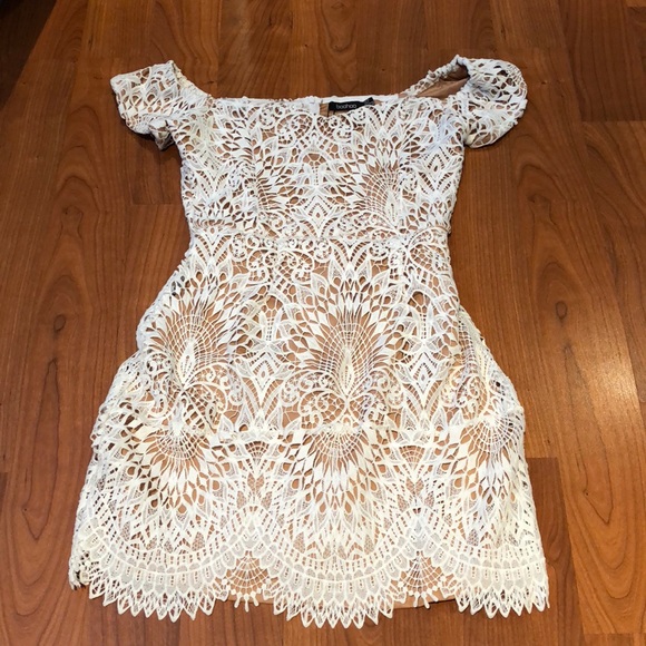 boohoo lace overlay bardot dress